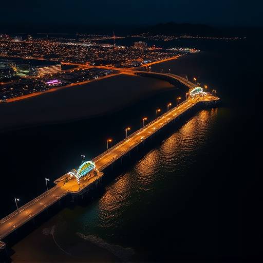 Aerial view of Santa Monica Pier illuminated at night