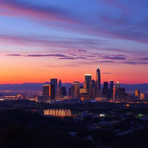Panoramic view of the Downtown Los Angeles skyline at dusk