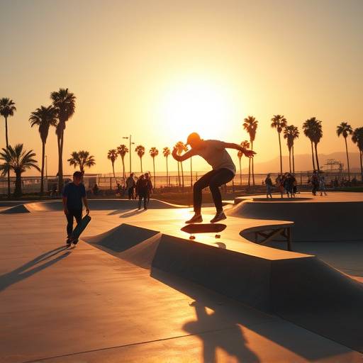 Skateboarders performing tricks at the Venice Beach skate park