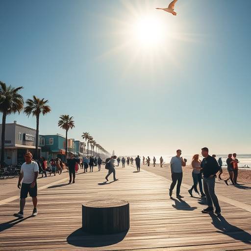 Venice Beach boardwalk with skaters and street performers